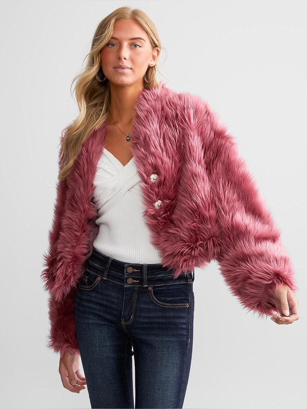 Free People All Night Cropped Faux Fur Teddy Jacket in Mauve Pink